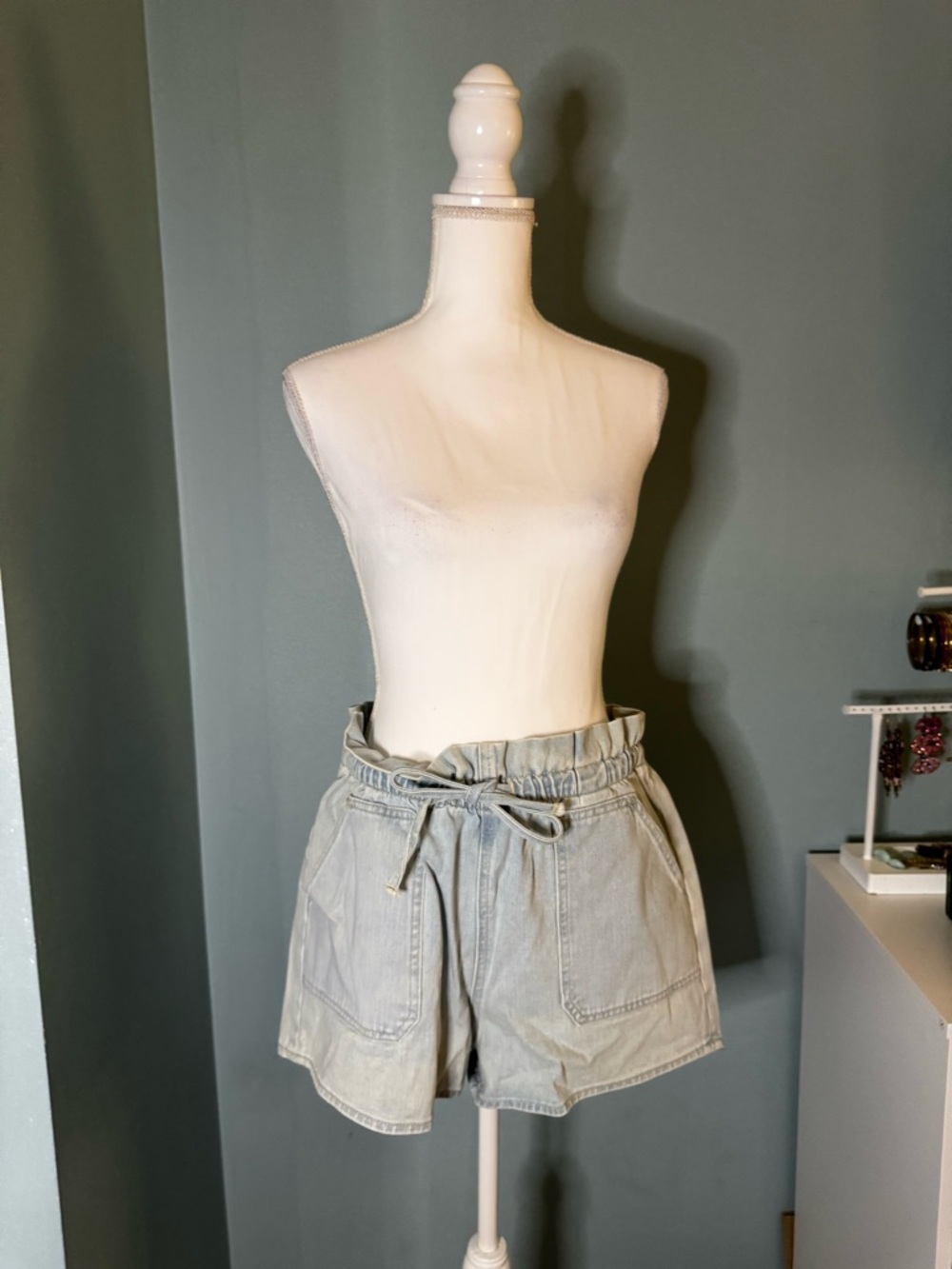Vigoss Light Wash Paperbag Tie-Front Denim Shorts